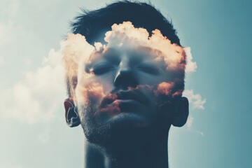 Poster - Clouds reflecting thoughts and dreams in a serene artistic representation of a young man. Generative AI