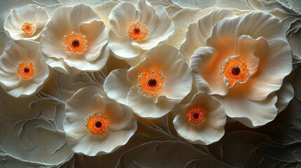 Poster - delicate white flowers with orange centers in 3d sculpted texture on a soft background celebrating b