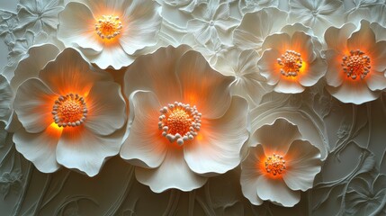 Poster - white glowing flowers in 3d relief art on plaster wall, beautiful decorative piece with soft lightin