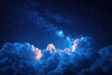A dark blue night sky with fluffy white clouds and many stars visible, great for astronomy or nature themes
