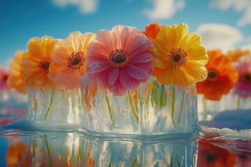 Wall Mural - A bouquet of fresh flowers in a transparent glass vase on a wooden table