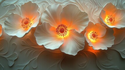 Poster - white glowing flowers with textured background in bas relief artistry showcasing delicate petals and