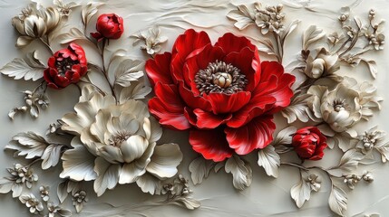 Poster - 3d embossed clay relief painting of red peony and white floral arrangement with detailed texture and