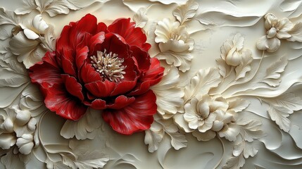 Poster - beautiful 3d embossed clay relief painting featuring a red peony on a soft white background with int