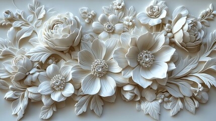 Poster - elegant 3d floral relief wall art in white color showcasing exquisite detailing and textures for hom