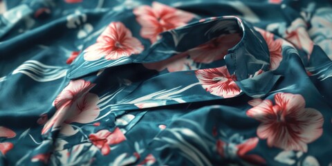 Poster - Vibrant Hawaiian flower print on blue fabric. Ideal for clothing, blankets, towels, and decorative items.