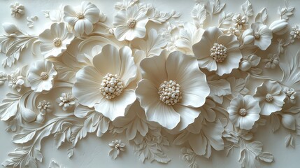Poster - elegant 3d relief of white flowers on wall with intricate detail showcasing beauty and artistic craf