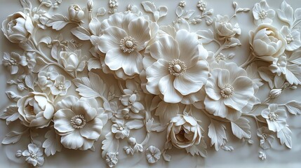 Poster - elegant 3d white flower relief art on wall with detailed floral design in soft tones for home decor 