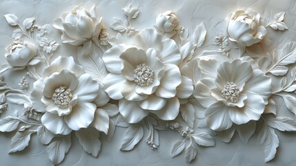 Poster - elegant white floral wallpaper design featuring peonies and lace pattern for sophisticated interior 