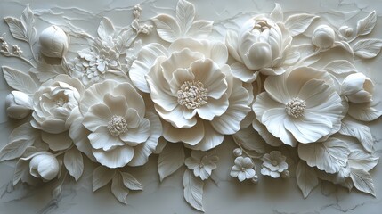Poster - elegant 3d white floral wallpaper featuring delicate peonies and lace patterns for modern interior d
