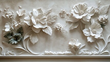 Poster - elegant 3d white flower and leaf relief wallpaper design for sophisticated interiors and artistic sp
