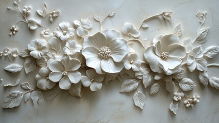 Poster - elegant 3d relief of white flowers and leaves creating a serene and sophisticated wallpaper design f