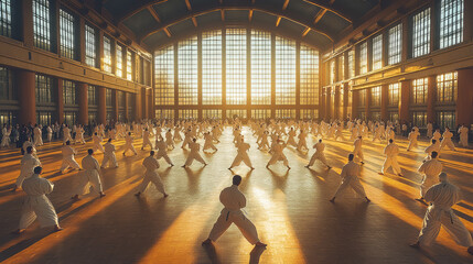 Poster - An aerial view of a large training hall filled with practitioners performing a coordinated group kata,