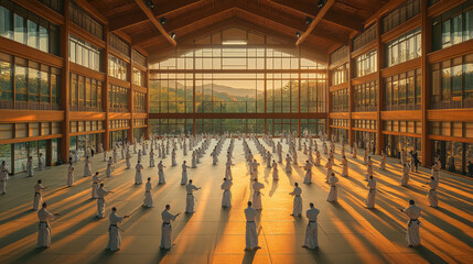 Poster - An aerial view of a large training hall filled with practitioners performing a coordinated group kata,
