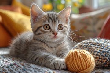 Poster - A playful kitten chasing a ball of yarn in a sunlit living room, with colorful cushions scattered around,