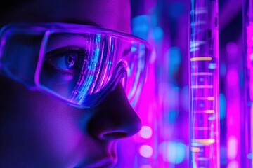 Poster - innovative scientist examines illuminated test tubes in a laboratory environment