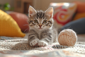 Poster - A playful kitten chasing a ball of yarn in a sunlit living room, with colorful cushions scattered around,