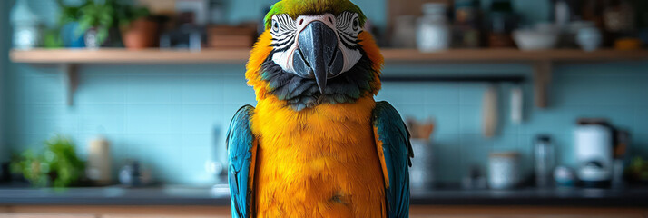 Leinwandbilder - A curious parrot perched on a wooden stand, mimicking sounds in a bright, airy kitchen,