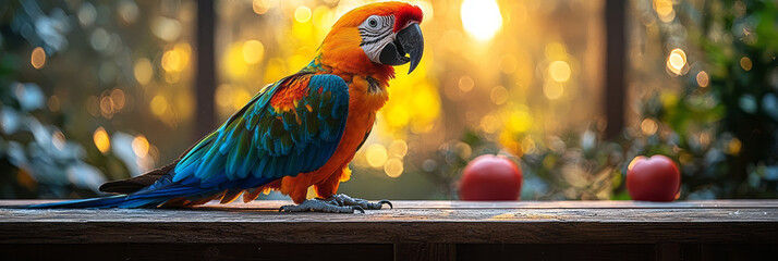 Aufkleber - A curious parrot perched on a wooden stand, mimicking sounds in a bright, airy kitchen,
