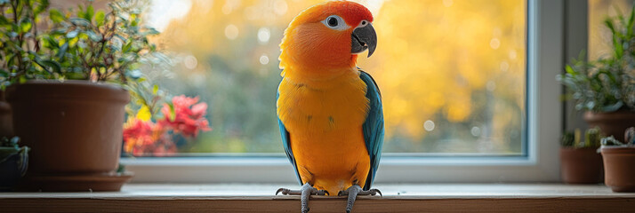 Poster - A curious parrot perched on a wooden stand, mimicking sounds in a bright, airy kitchen,