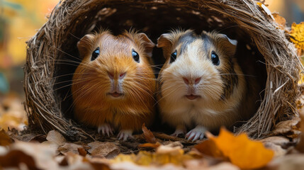 Poster - A pair of guinea pigs exploring their elaborate cage setup, complete with tunnels and hideouts,