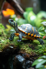 Aufkleber - A charming scene of a turtle slowly making its way across a terrarium filled with natural elements,