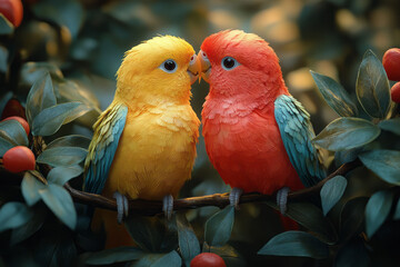 Poster - A pair of lovebirds sharing a moment on their perch, surrounded by lush greenery in their cage,
