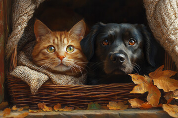 Poster - A playful scene of a cat and dog engaging in a friendly game of hide and seek in a cozy home setting,