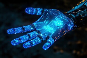 Poster - Futuristic robotic hand illuminated with blue lights showcases advanced technology and design