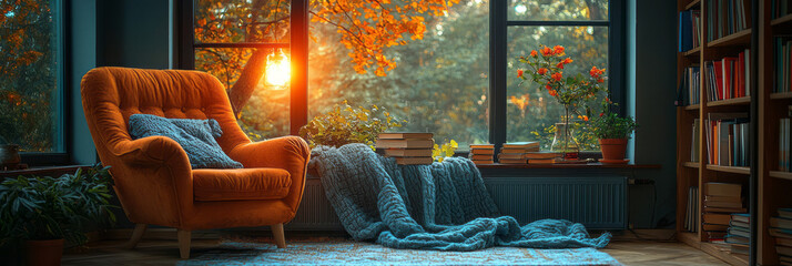 Leinwandbilder - A cozy reading nook with a comfortable chair, soft blanket, and a stack of favorite books under warm lighting,