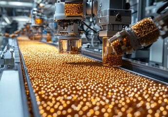 Poster - Automated Production Line for Reflective Beads in High-Tech Manufacturing Facility with Robotic Arms and Precision Machinery