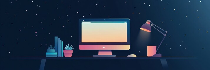 Leinwandbilder - Creative workspace with computer and lamp set against a starry night backdrop featuring ample copy space. Generative AI