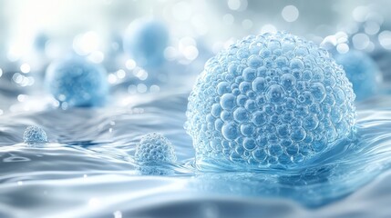 Poster - Digital Illustration of Small Blue Spheres Floating in a Soft, Glimmering Atmosphere with Reflections and Bokeh Effect