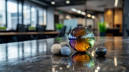 Poster - Vibrant workplace reflection with colorful marbles modern office still life bright environment close-up creative concept