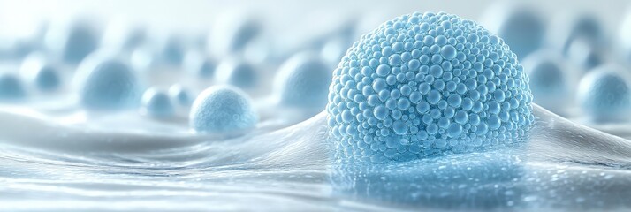 Poster - digital illustration of small blue spheres floating on a soft surface with a dreamy and ethereal qua