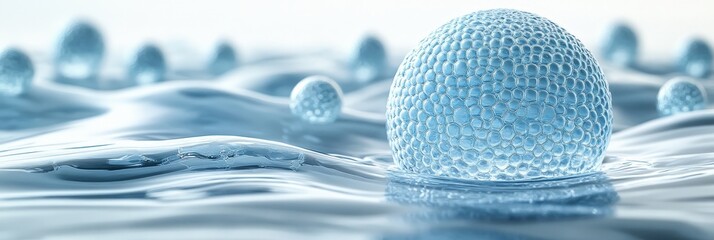 Poster - Digital Illustration of Small Blue Spheres Floating on a Serene Water Surface with Soothing Ripples and Light Reflections