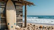 © cochisevisuals - Surfboard resting against a rustic beach hut on a sunny day, with waves and seashells nearby