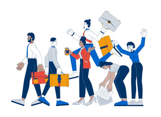 Aufkleber - workplace with busy employees diverse 2d illustration concept. office workers walking, holding brief