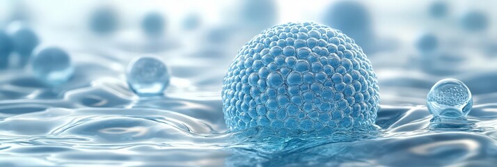Poster - digital illustration of small blue spheres floating on a calm surface creating a tranquil and ethere