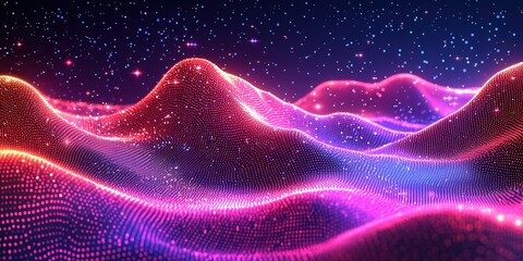 Wall Mural - Abstract neon landscape, glowing hills, particles, cosmic background; digital art, website header