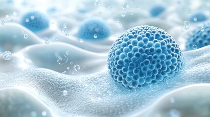 Poster - Highly Detailed Illustration of Small Blue Spheres in a Soft, Fluid Environment with Water Droplets and Gentle Waves