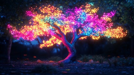 Poster - A fractal tree glowing with vibrant neon colors