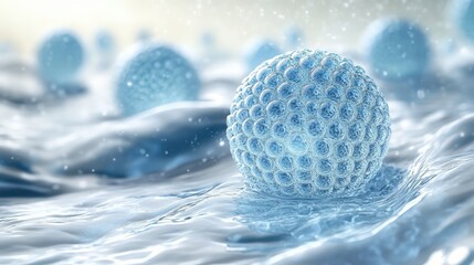 Poster - Highly Detailed Illustration of Small Blue Spheres Floating in Water with Light Reflections and Bubbles Creating a Serene and Abstract Atmosphere