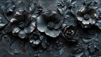 Poster - high-resolution texture of black bas relief wall featuring intricate floral designs and detailed cra