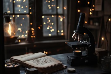 Poster - exploring science with a microscope and ancient texts in a dimly lit laboratory