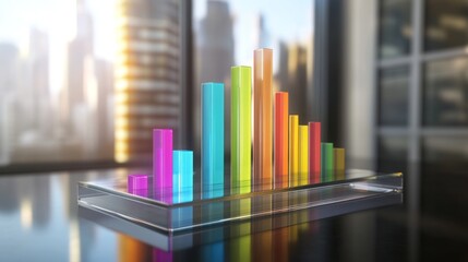 Fototapete - D bar graph with vibrant colors, arranged in ascending order on a transparent glass base, with soft ambient lighting