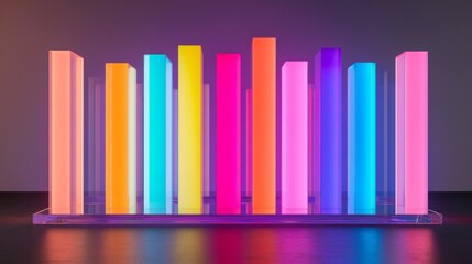 Fototapete - D bar graph with vibrant colors, arranged in ascending order on a transparent glass base, with soft ambient lighting