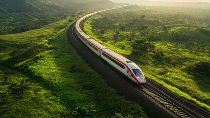 Aufkleber - An aerial view of a high-speed train traversing through a lush green landscape, with winding tracks and vibrant colors, showcasing the beauty of rail travel