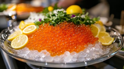 Leinwandbilder - An artistic representation of salmon roe served on a bed of ice, garnished with lemon slices and fresh herbs, highlighting the luxurious side of seafood cuisine