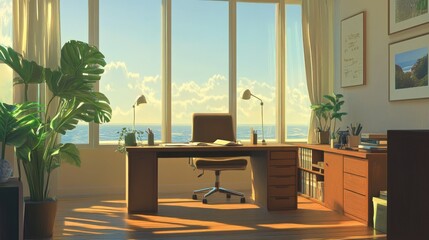Poster - An artistic view of a minimalist home office with a clean desk, ergonomic chair, and large windows, promoting productivity and creativity in a bright environment